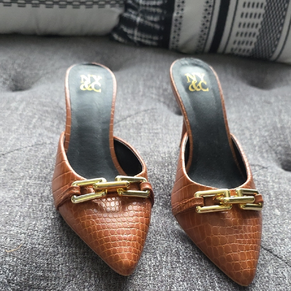 New York & Company Brown Mules with Gold Chain